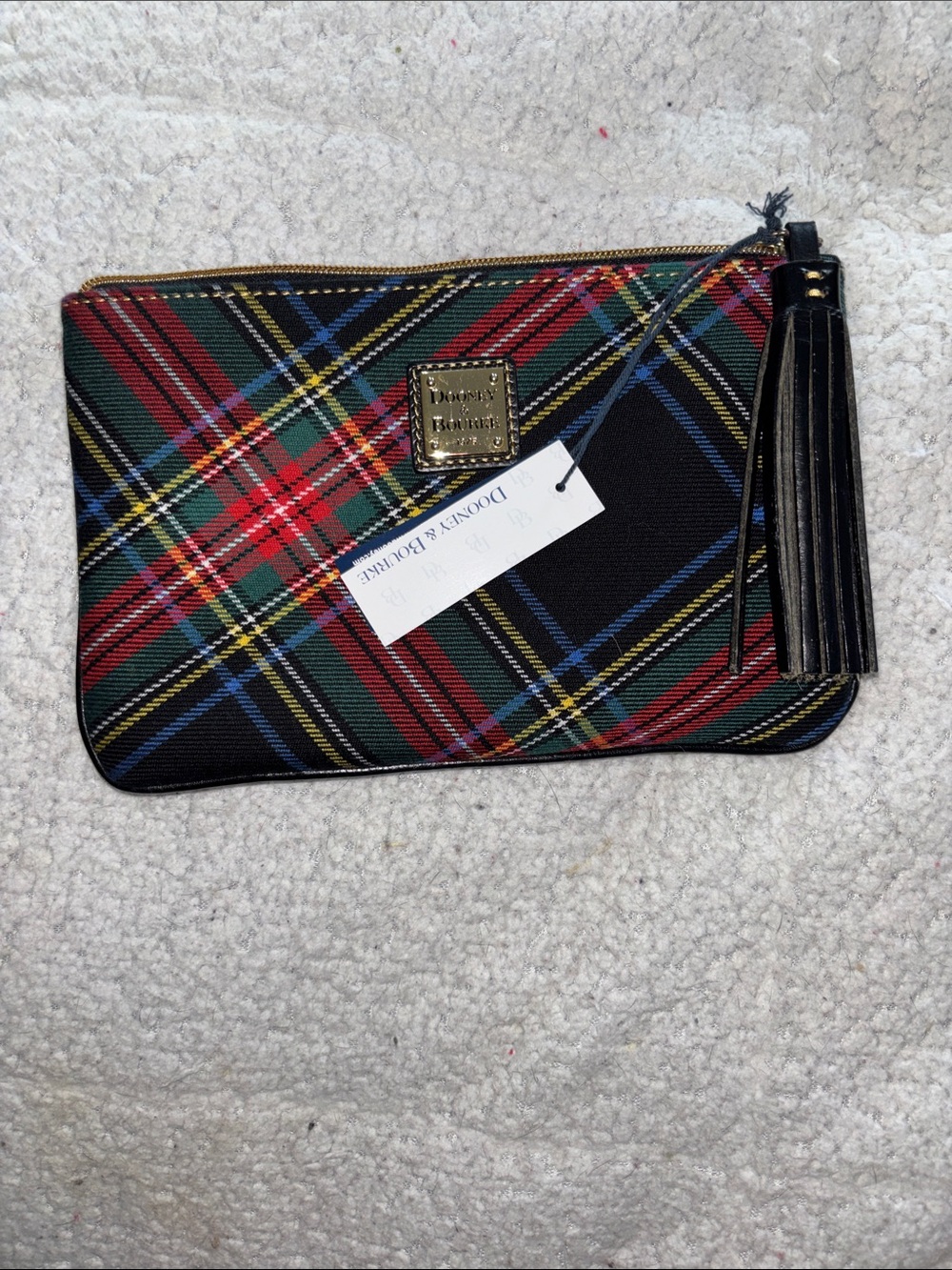 Dooney Bourke 🆕 tartan plaid Carrington pouch black leather tassel zipper pull